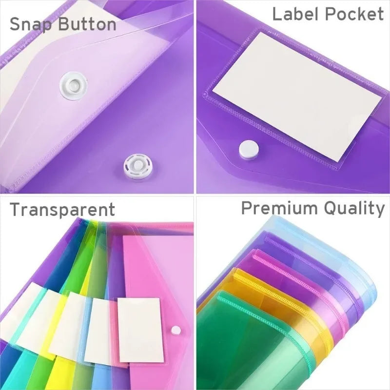 5/10pcs A4 Folders Plastic Envelopes Clear File Folder for Document Poly File with Label Pocket Snap Button for Office Organizer