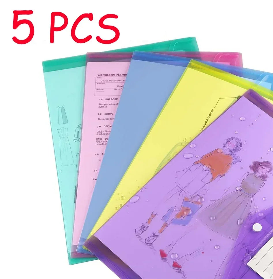 5/10pcs A4 Folders Plastic Envelopes Clear File Folder for Document Poly File with Label Pocket Snap Button for Office Organizer