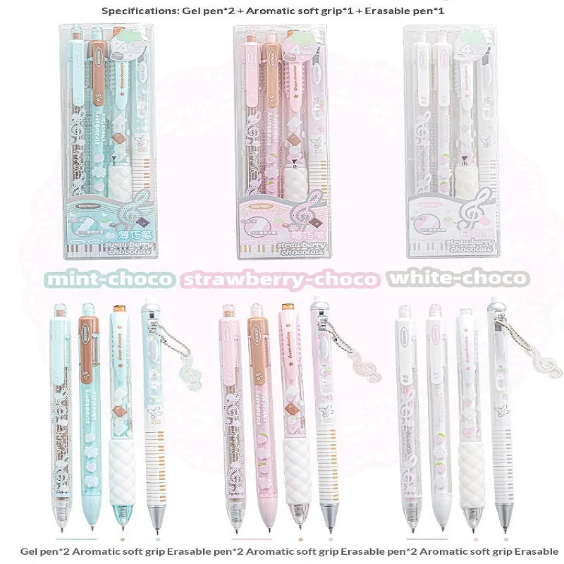 RosyPosy Berry Melody Note Pen Set 2 ST 0.5mm Gel Pens & 1 Erasable Pen & 1 Aromatic Soft Grip & 1 Free Pendant Value Stationery