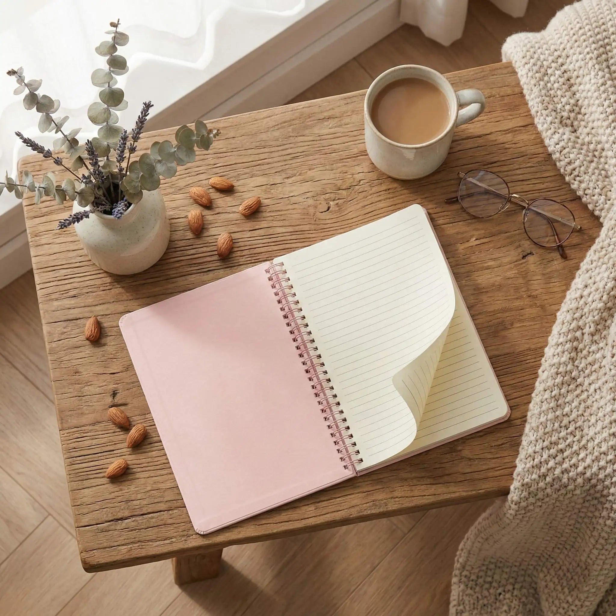 21×14.2cm (8.27×5.59in) Pink Desktop Coil Notebook - Vertical Calendar-Style Standable Design, Lined Thick Paper Inner Pages