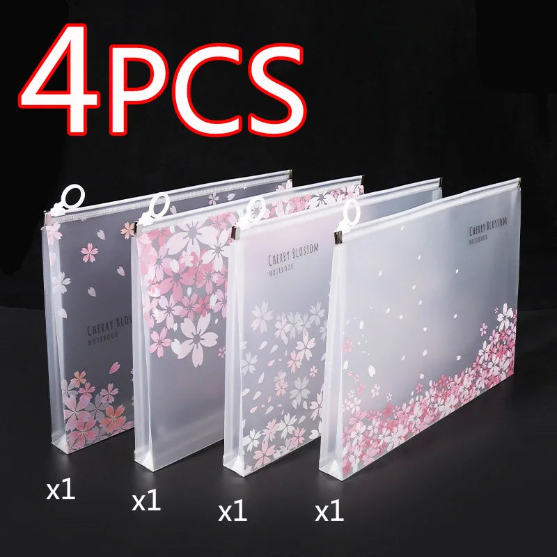 4/12pcs A4 Cute Sakura Folder File Pouch Stationery Storage Zipper File Bag for School Office Supplies Cartoon Storage Organizer