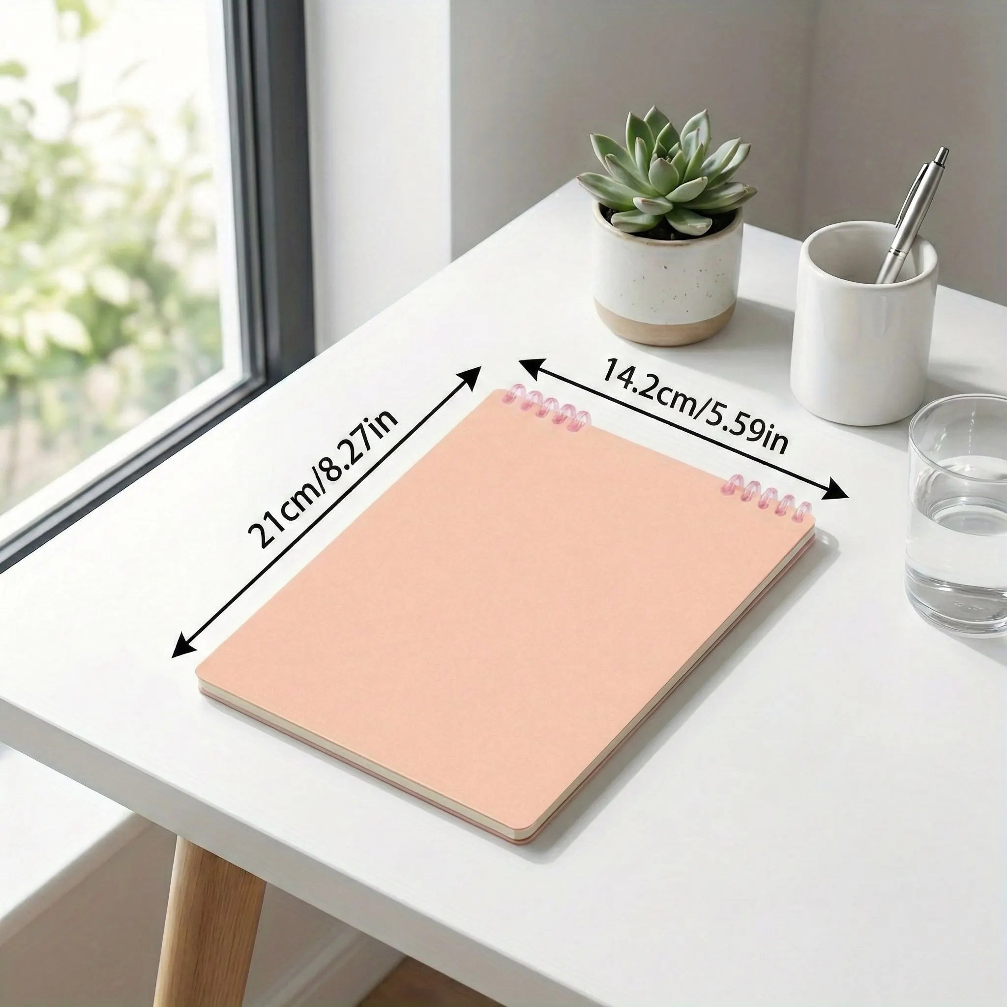 21×14.2cm (8.27×5.59in) Pink Desktop Coil Notebook - Vertical Calendar-Style Standable Design, Lined Thick Paper Inner Pages