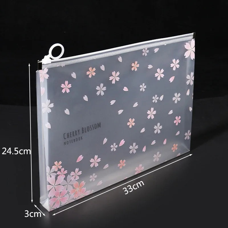 4/12pcs A4 Cute Sakura Folder File Pouch Stationery Storage Zipper File Bag for School Office Supplies Cartoon Storage Organizer