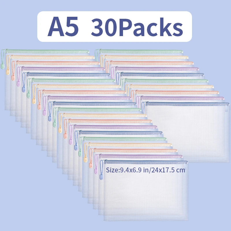 30/10pcs Mesh Zipper Bag Jigsaw Bag Zipper Bag For Organizing Classroom Organization Plastic Zipper Bag 5 Color A4/A5 Size Board