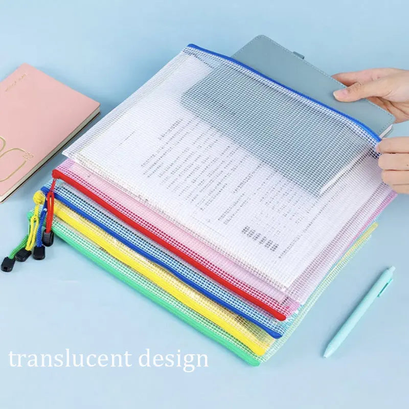 5pcs mixed color mesh zipper bag file bag waterproof zipper folder A4A5 school office supplies pencil bag storage bag