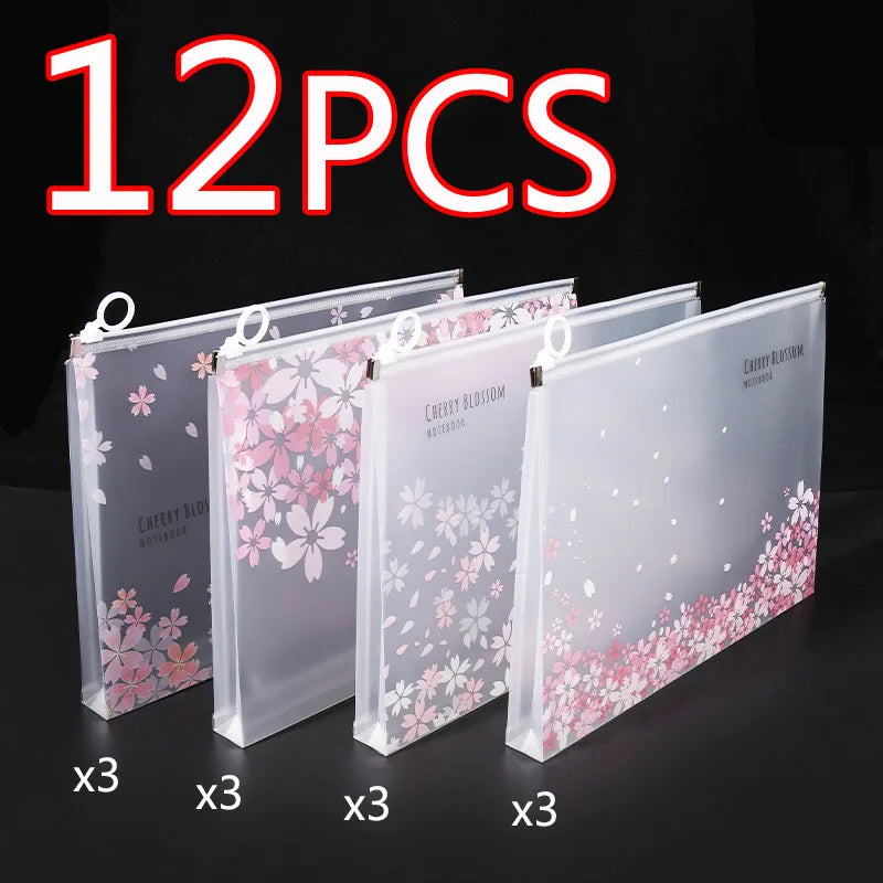 4/12pcs A4 Cute Sakura Folder File Pouch Stationery Storage Zipper File Bag for School Office Supplies Cartoon Storage Organizer