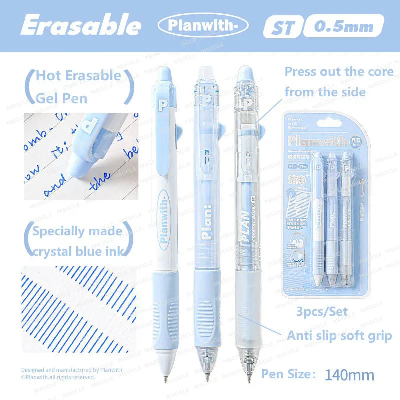 Planwith 3PCS/set Erasable Gel Pen Stationery Student School Acsesories Pen 0.5mm Crystal Blue Ink Side Press Writing Supplies