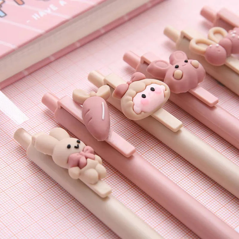 5Pcs/set Cute Sweet Pink Girl and Rabbit Gel Pen Cartoon Press Pen 0.5mm Black Ink School Supplies Stationery Kawaii Funny Pens